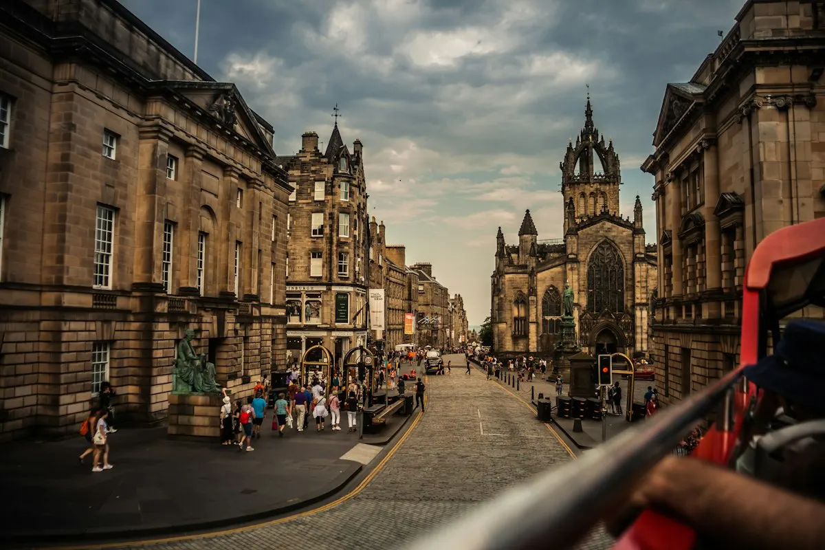 Edinburgh tram running through the city centre towards the airport