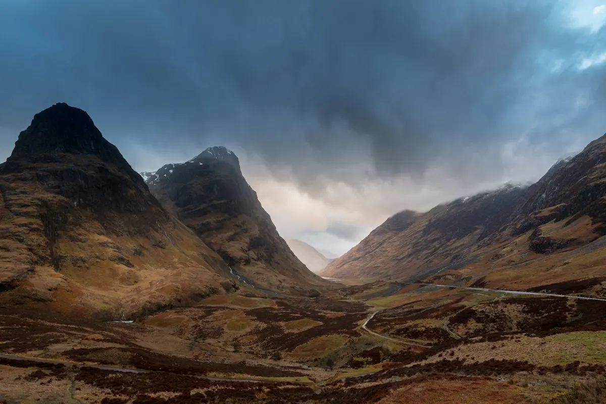 Glencoe mountains and valley in the Scottish Highlands viewed from the A82