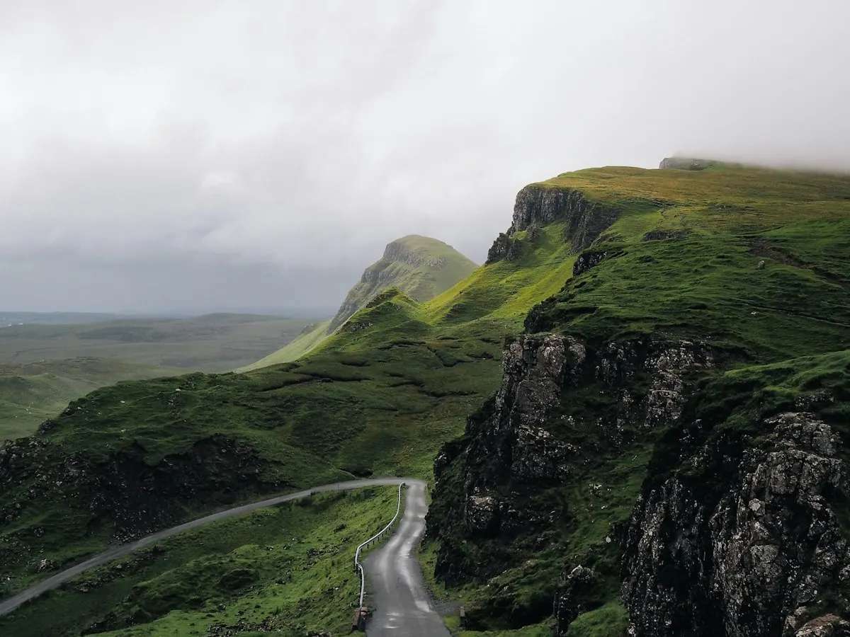 Winding single-track road through the Scottish Highlands on the North Coast 500 route